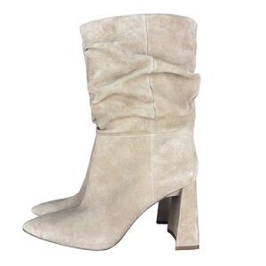 Vince Camuto Ambie Size 8 Suede Slouchy Boots Taupe Pointed Toe Block Heel NWOB